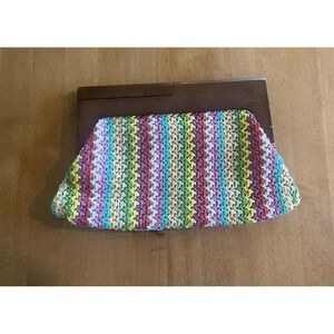 Vtg Expressions NYC Rainbow Straw Basket Woven Clutch Purse Retro Wood Handle